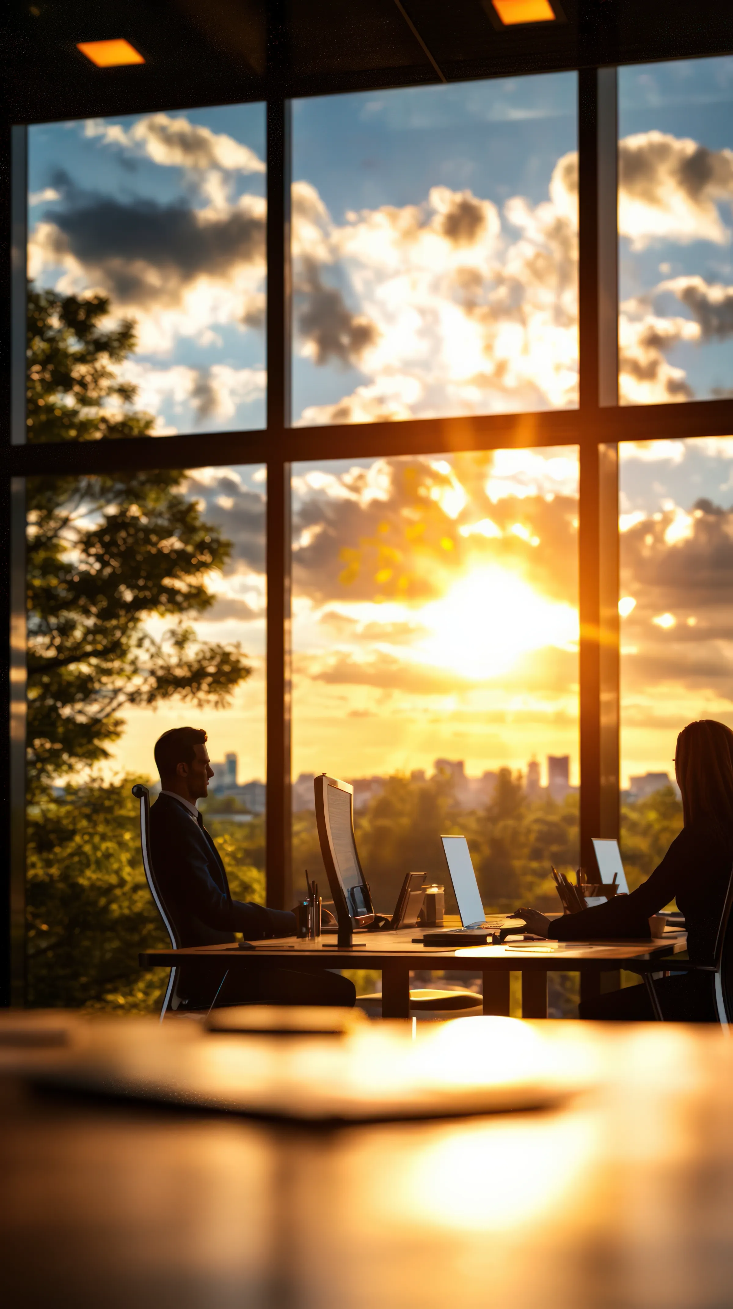 Modern ofis penceresinden gün batımı — ekip çalışması